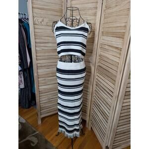 Freshman 1996 Knit Dress Medium Black White Striped Ruffle Hem Sweater Dress